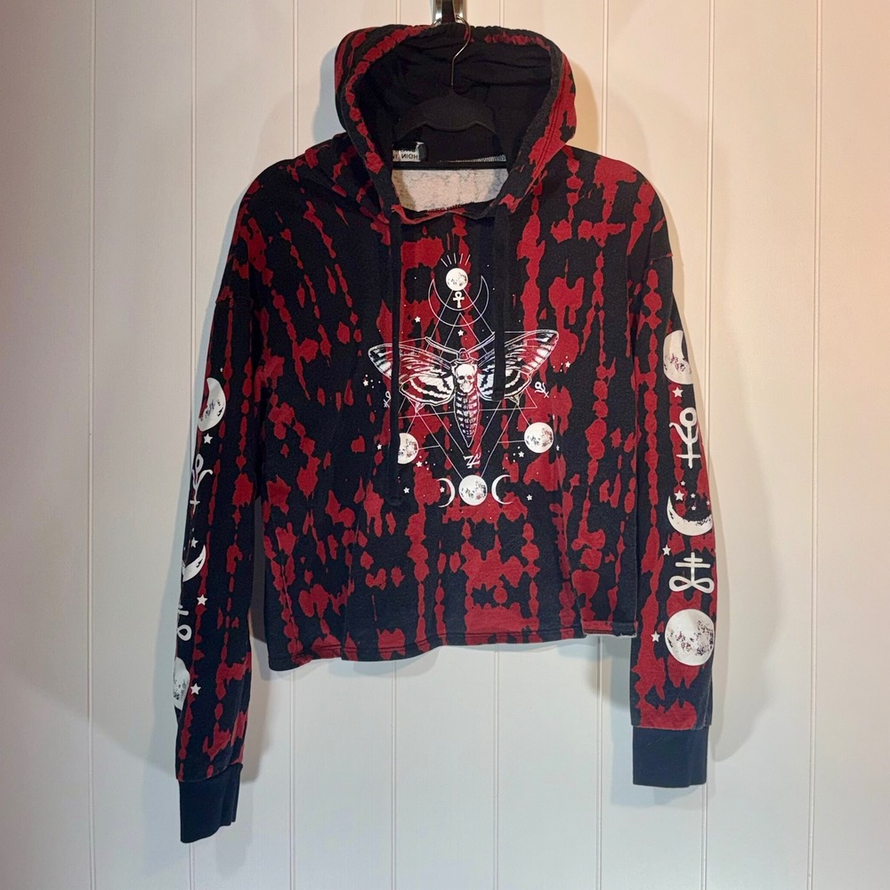 Midnight Hour Death's Head Moth Red Black Tie Dye Cropped Hoodie Occult Large